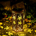 Solar-Powered Wrought Iron Outdoor Lantern with Nature Motifs