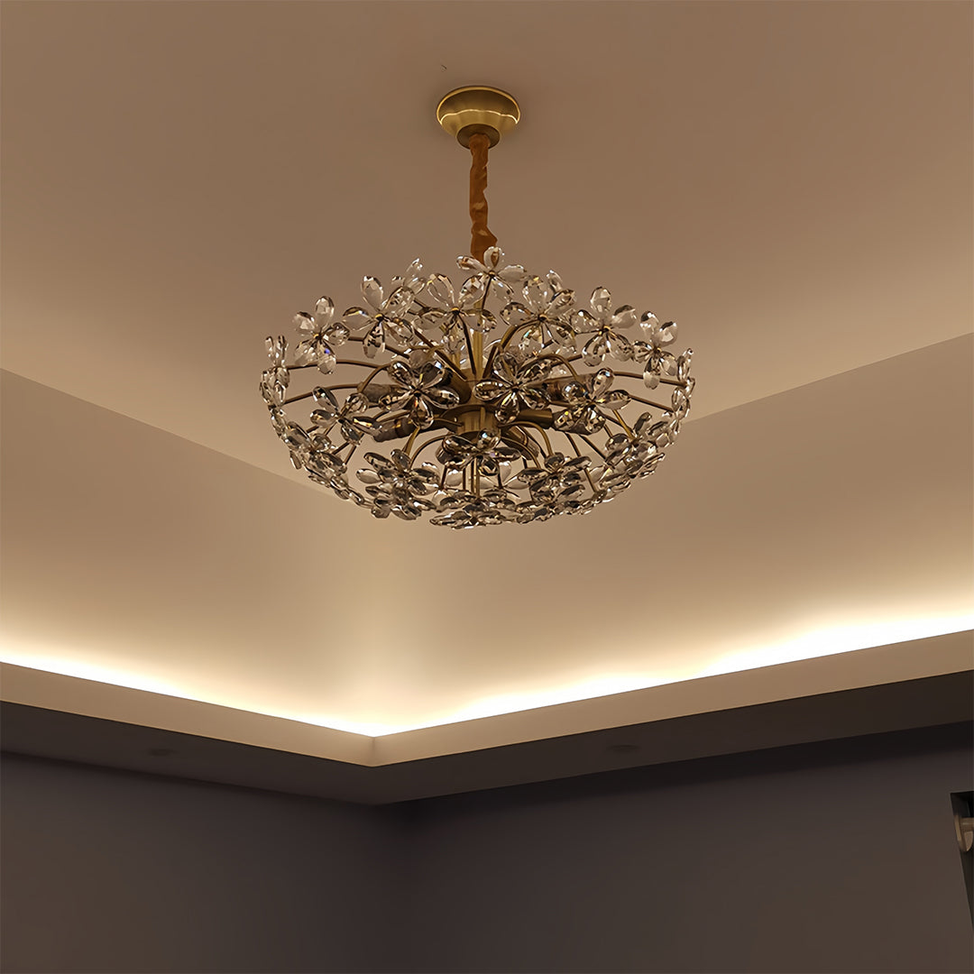 Crystal Flower Chandelier Vintage French Country Ceiling Light with Brass Finish