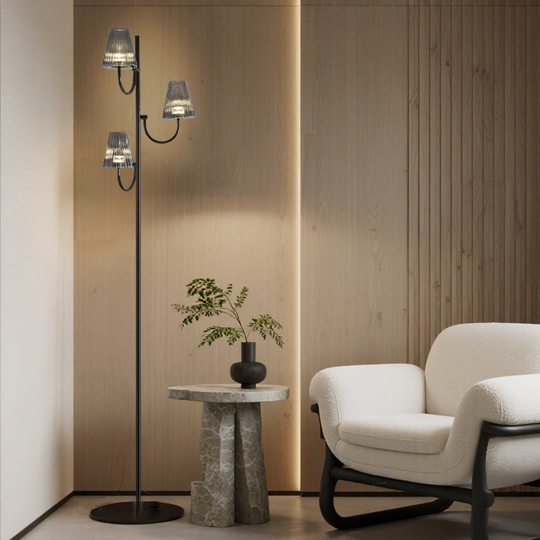 Minimalist Black Contemporary Floor Lamp with Three Glass Shades