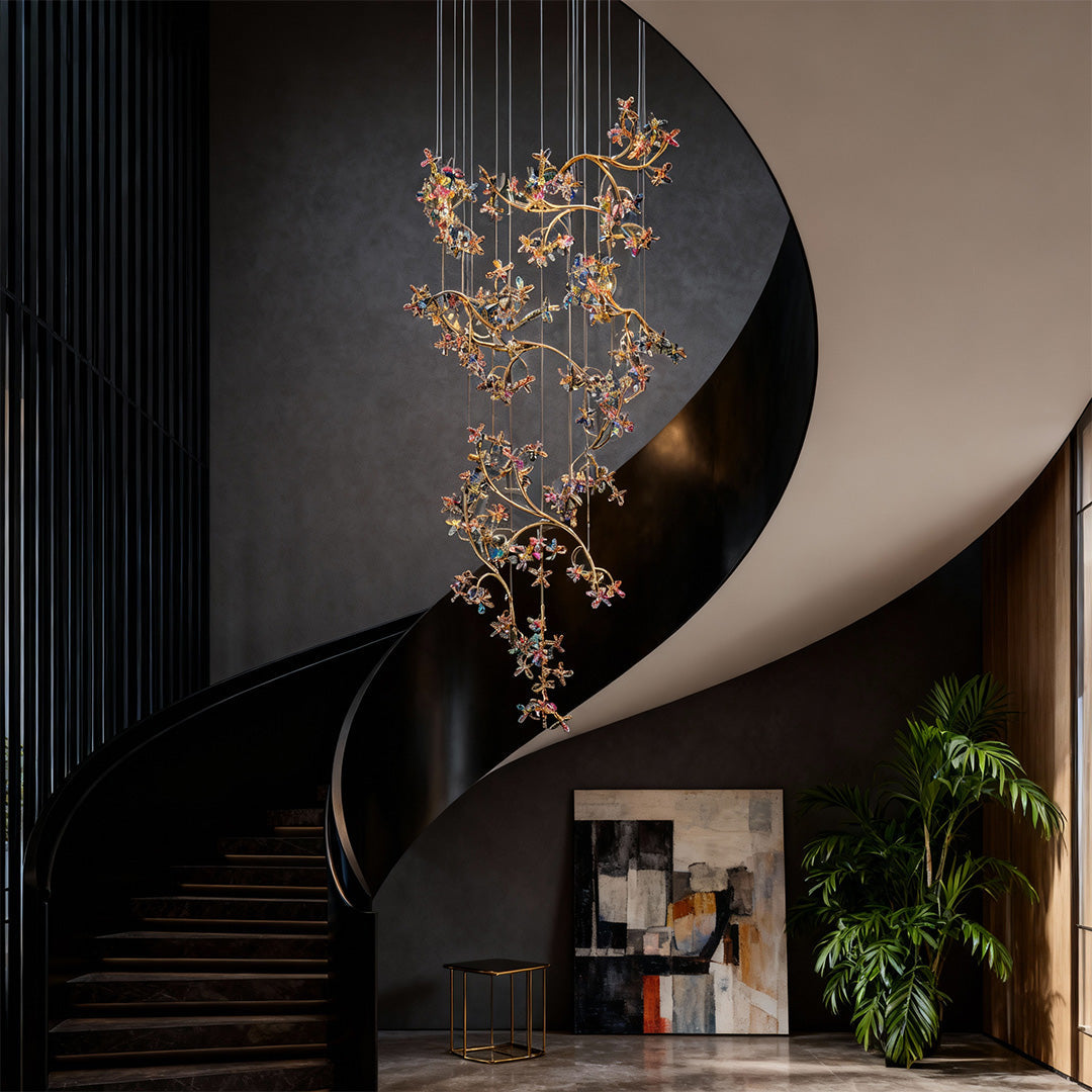Crystal Rotating Staircase Chandelier with Chrome Finish and Adjustable Chain