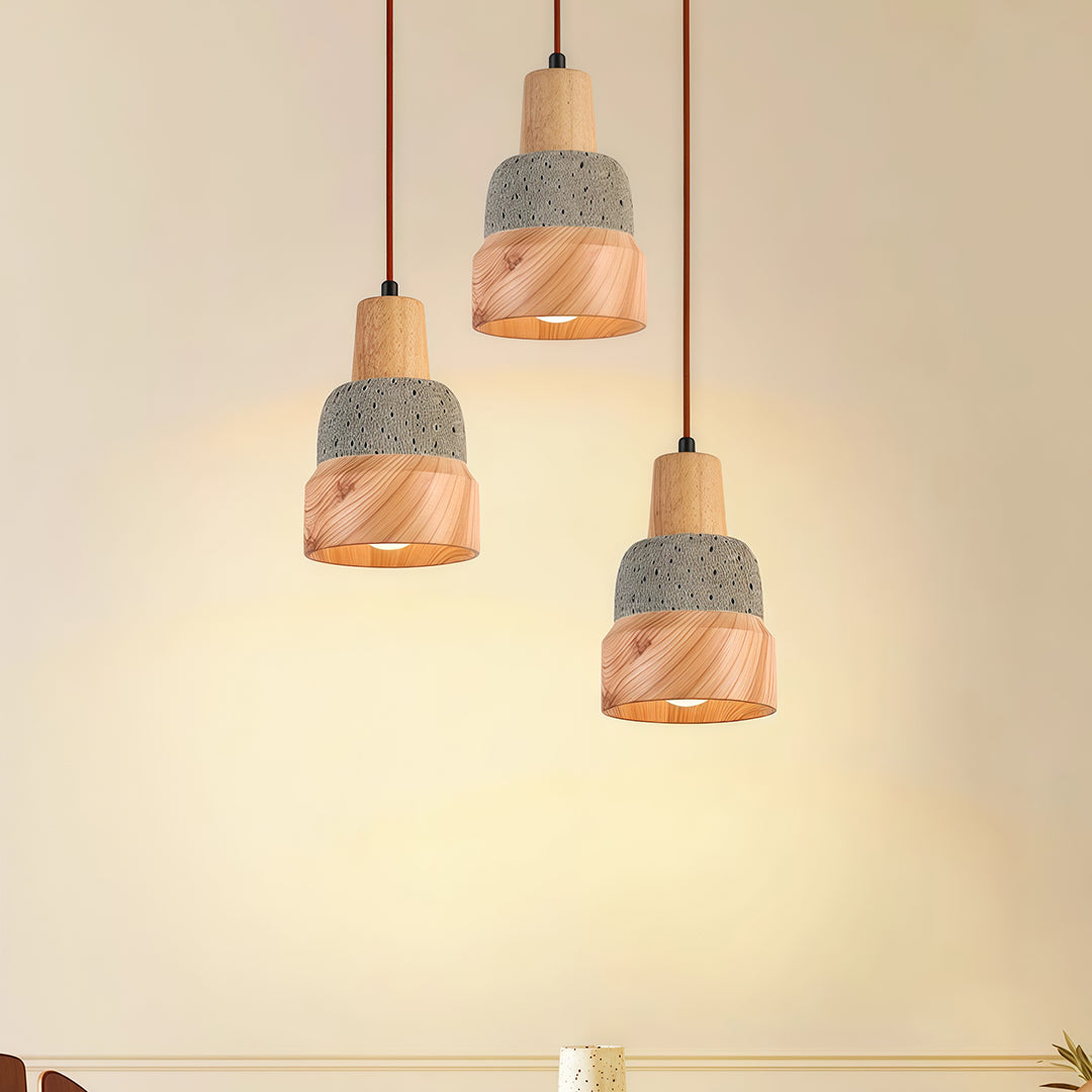 Wabi-Sabi Wood Pendant Light with Cement Accent, Adjustable Hanging
