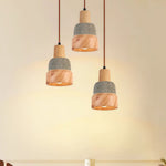 Wabi-Sabi Wood Pendant Light with Cement Accent, Adjustable Hanging