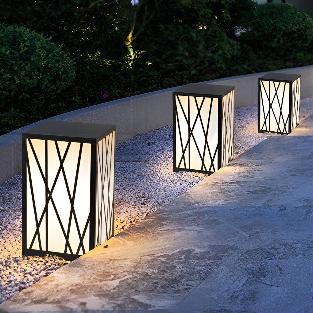 Square Solar LED Bollard Light with Linear Pattern Shade, 20W Black Stainless Steel