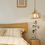 Vintage Brass Square Glass Pendant Light with Adjustable Cord