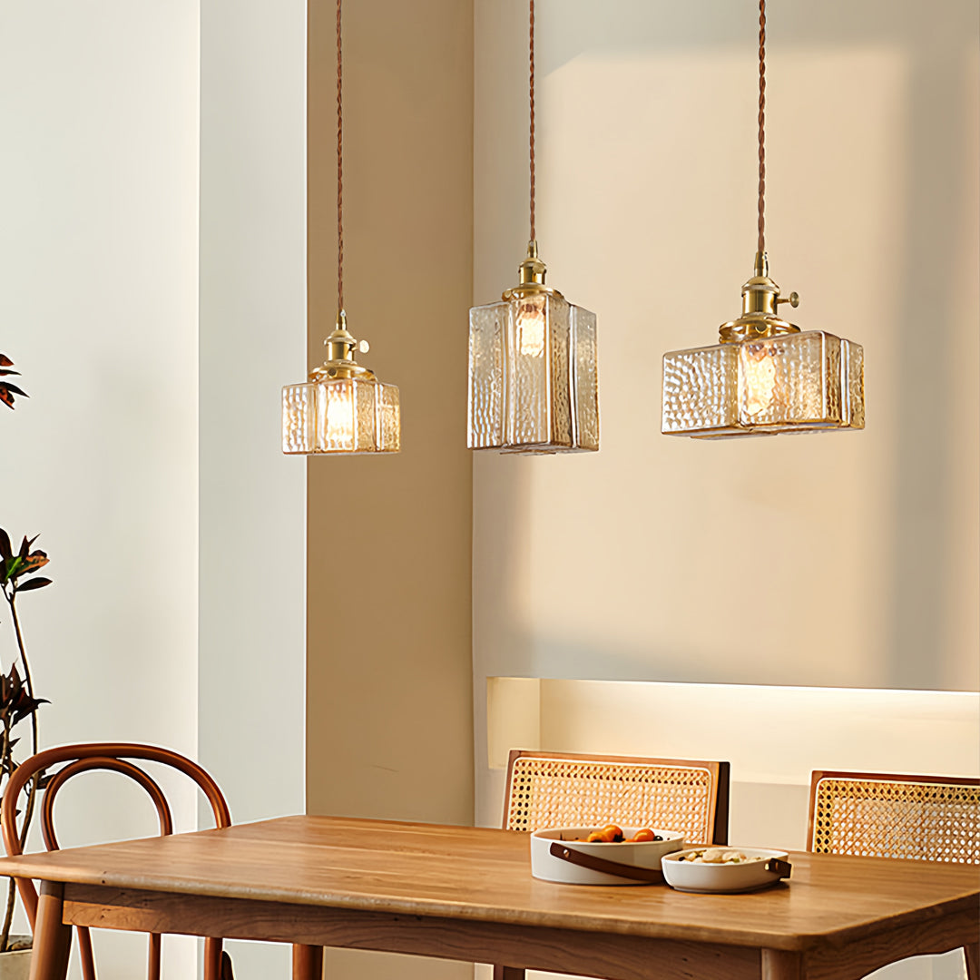 Vintage Brass Square Glass Pendant Light with Adjustable Cord