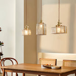 Vintage Brass Square Glass Pendant Light with Adjustable Cord
