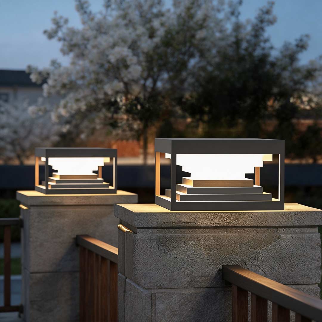 Modern Square Pillar Lights in Black Stainless Steel for Outdoor Columns