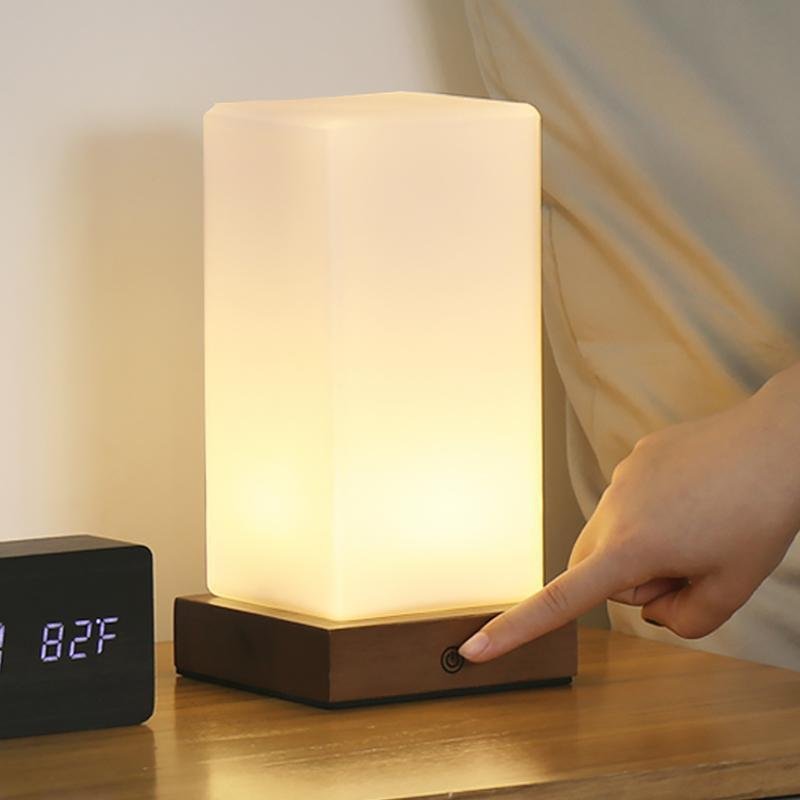 Nordic Wooden Cube Table Lamp with Frosted Glass and Rechargeable LED