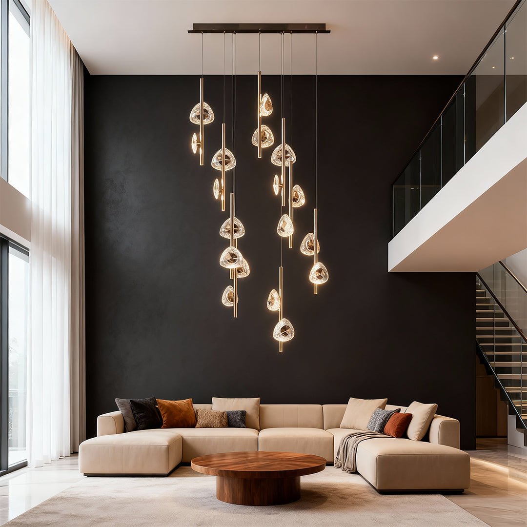 Crystal Cascade Staircase Chandelier in Gold Aluminum