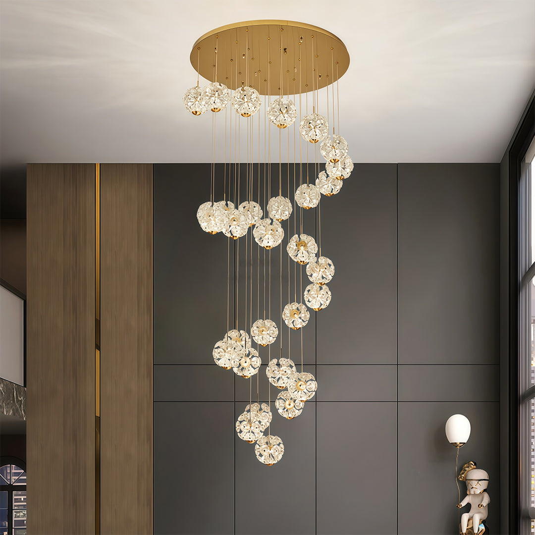 Luxury Crystal Staircase Chandelier with Gold Iron Frame, Modern High Ceiling Light