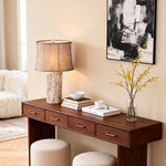 White Wood Table Lamp with Realistic Bark Fabric Shade