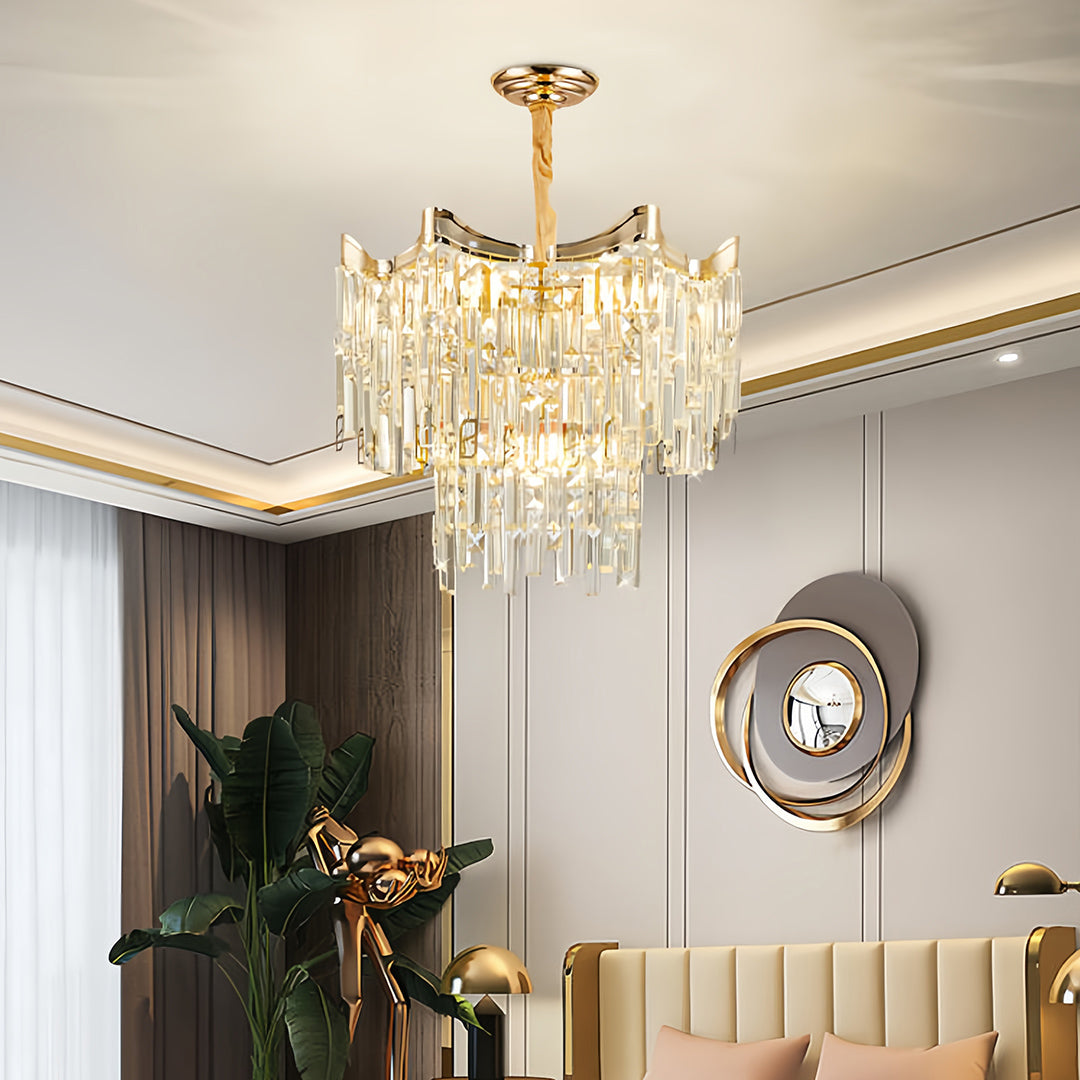 Tiered Crystal Chandelier Modern Gold Waterfall Ceiling Light