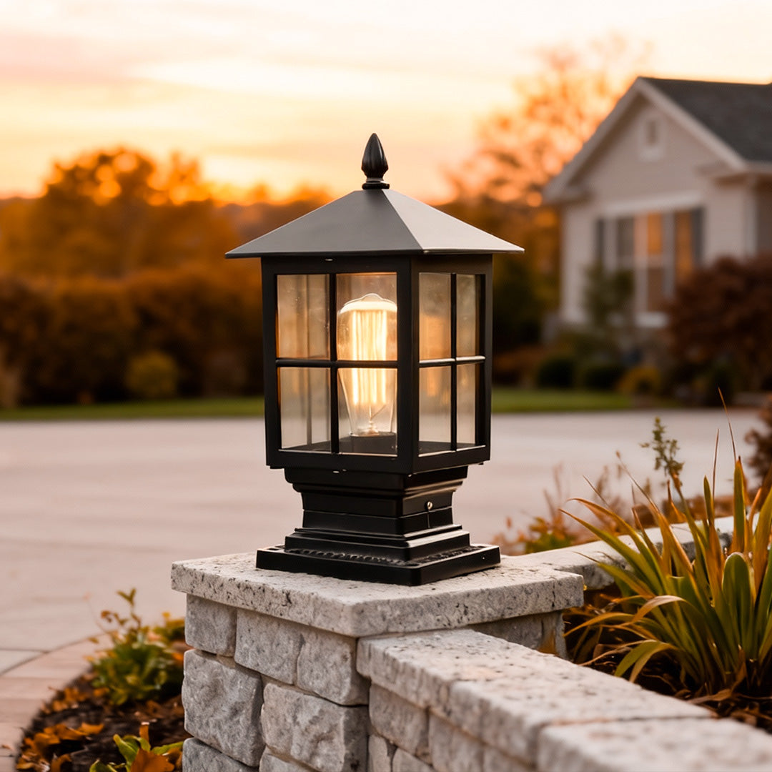 Stone Pillar Outdoor LED Light in Black – Solar & Hardwired Garden Post Lantern