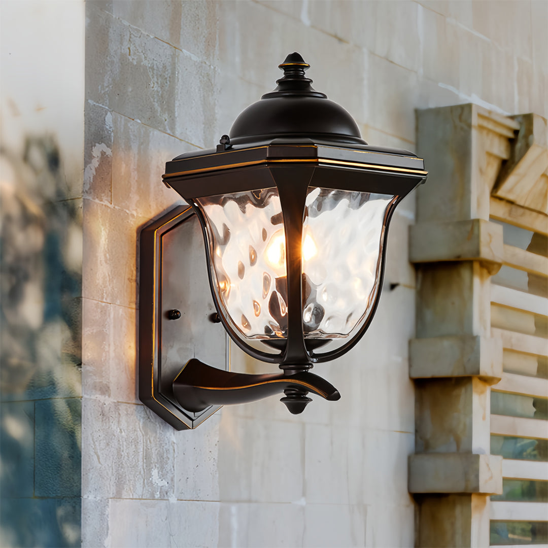 European Outdoor Wall Sconce with Clear Glass Shade in Coffee Finish