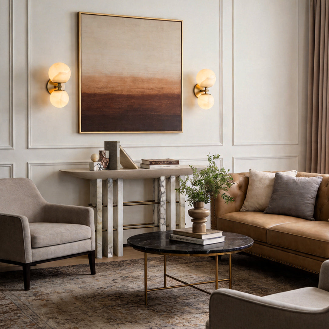 Italian Brass Up and Down Moon Wall Sconce with Marble Shade