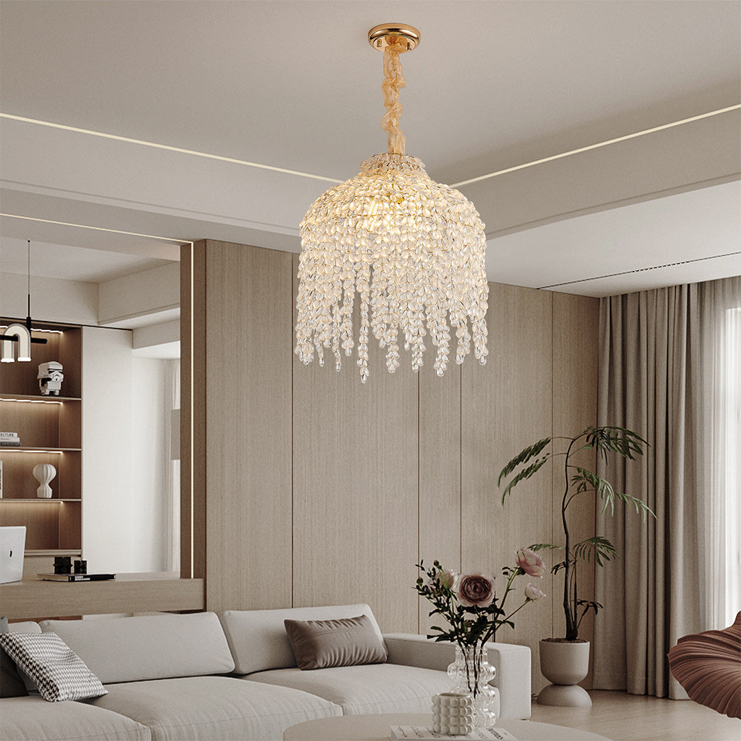 Teardrop Crystal Chandelier in Gold Finish, French-Inspired Ceiling Light
