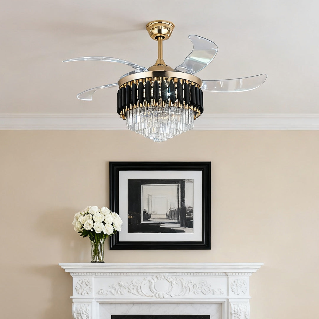 Luxury Black Ceiling Fan with Crystal Light and Transparent Blades