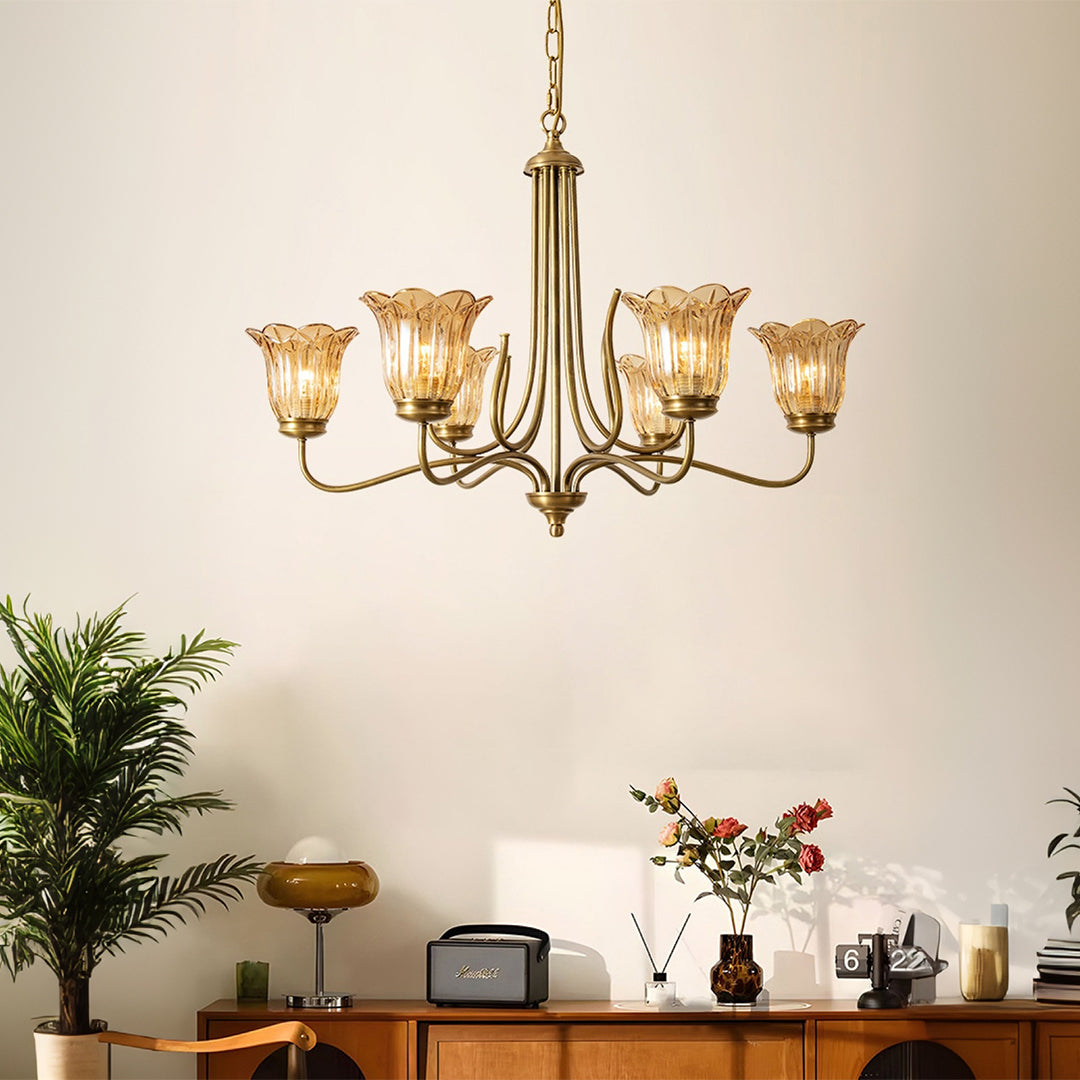 Aurelia Brass and Glass Six-Light Chandelier with Adjustable Chain