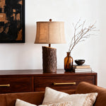 Rustic Bark-Textured Table Lamp with Linen Shade for Cozy Interiors