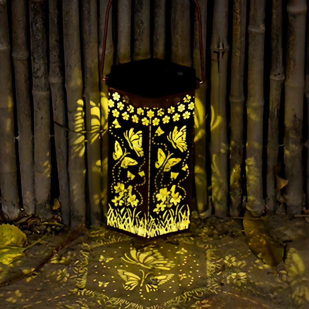 Solar-Powered Wrought Iron Outdoor Lantern with Nature Motifs