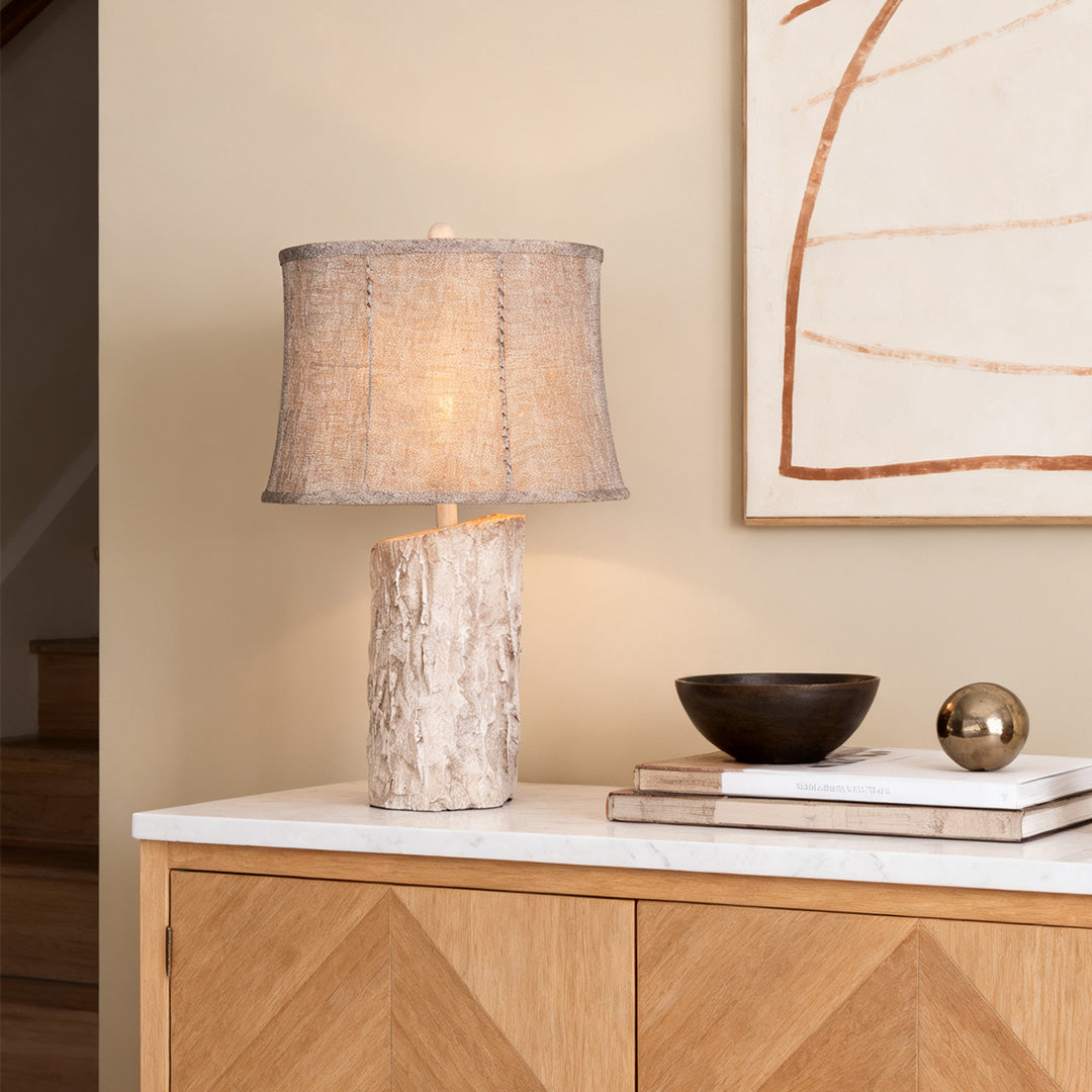 White Wood Table Lamp with Realistic Bark Fabric Shade