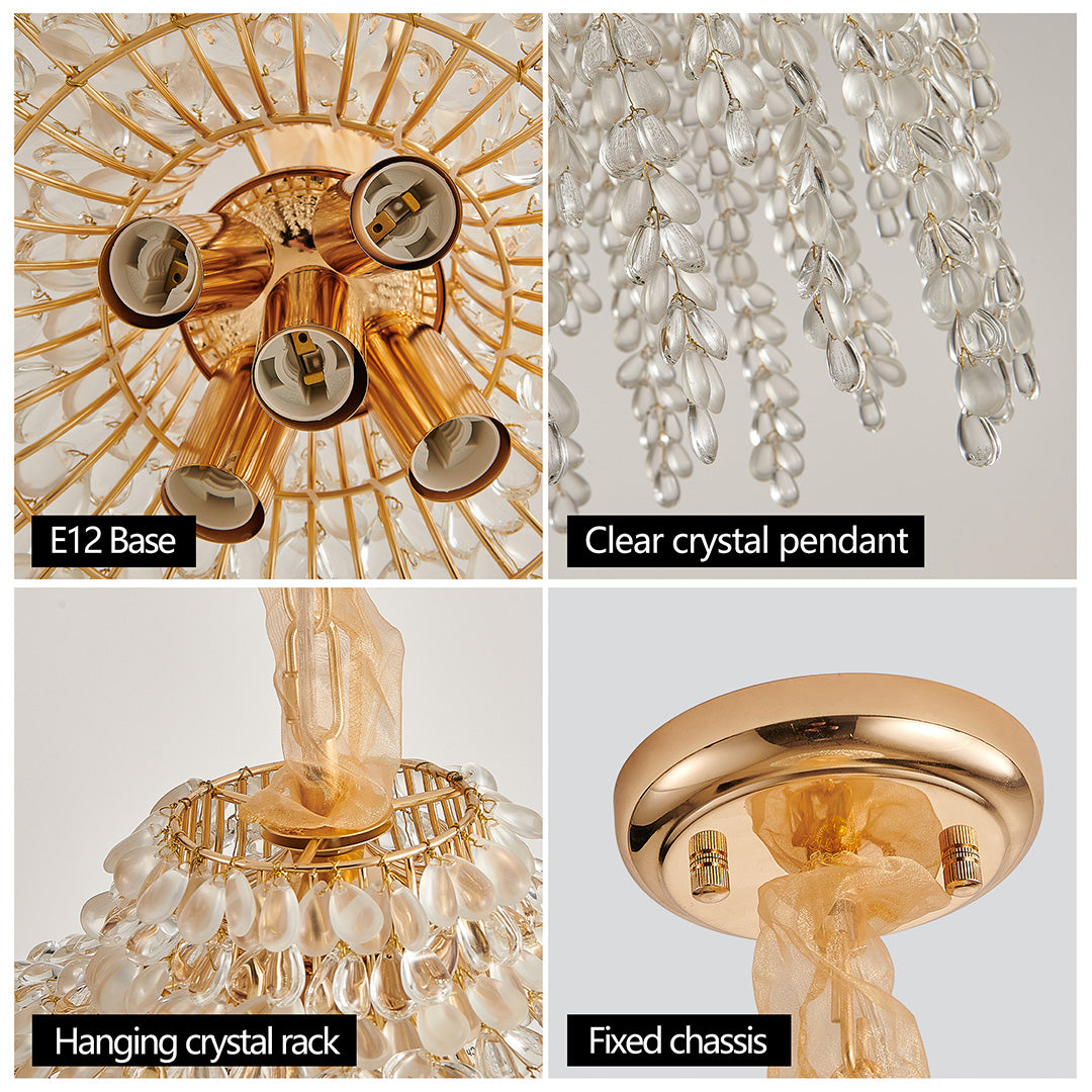Teardrop Crystal Chandelier in Gold Finish, French-Inspired Ceiling Light