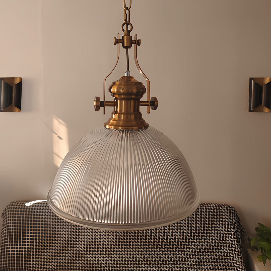 Nordic Textured Glass Pendant Light with Brass Accents, Adjustable Chain