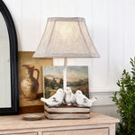 French Perched Bird Table Lamp on Stacked Books, Beige Fabric Shade