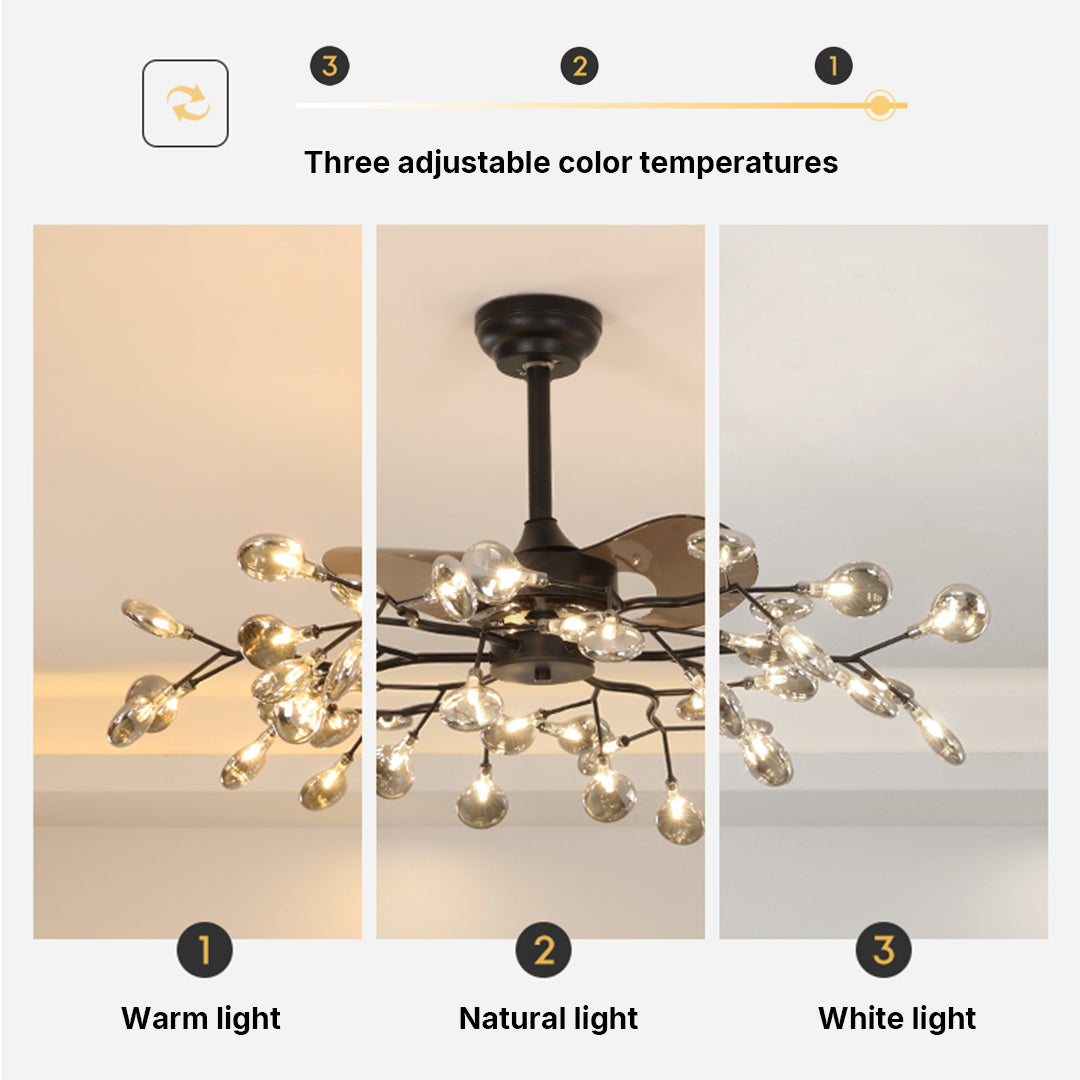Modern Glam Ceiling Fan with Light, 30/42/56-Light LED, Black Iron & Amber Glass