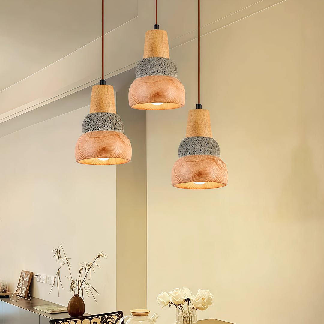 Wabi-Sabi Wood Pendant Light with Cement Accent, Adjustable Hanging