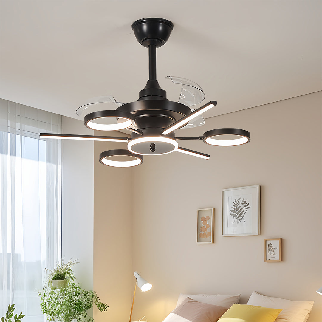 French Vintage Black Iron Ceiling Fan with 7-Light LED Fixture