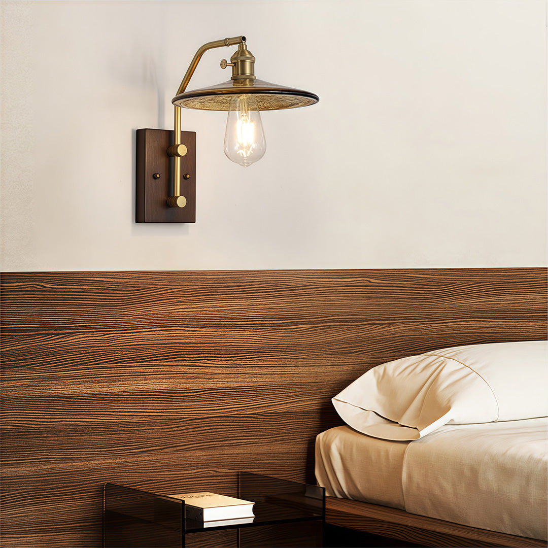 Japanese Retro Wave Glass Wall Sconce with Rubberwood Accent