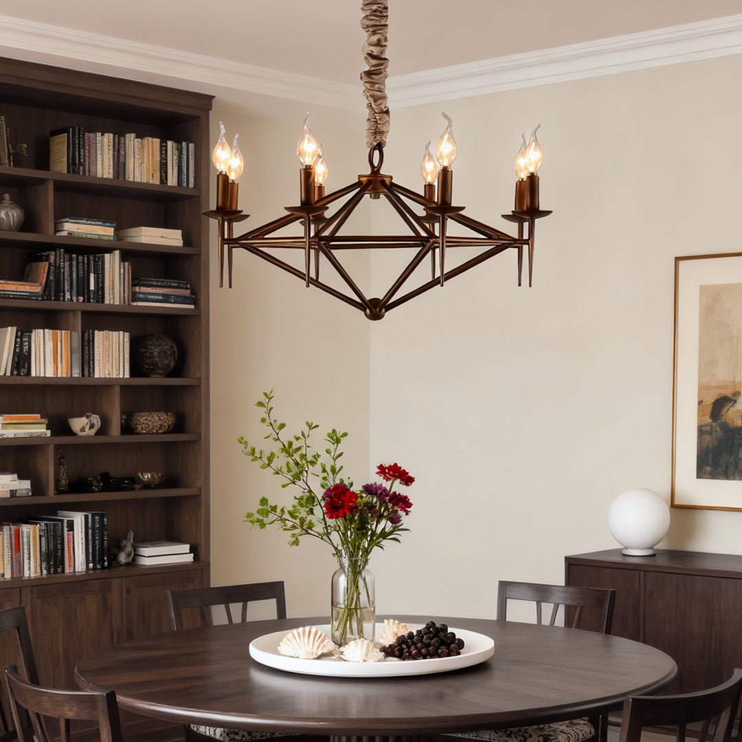 Nordic Brown Metal Chandelier with Acrylic Shades, 8-Light Candle Ceiling Fixture