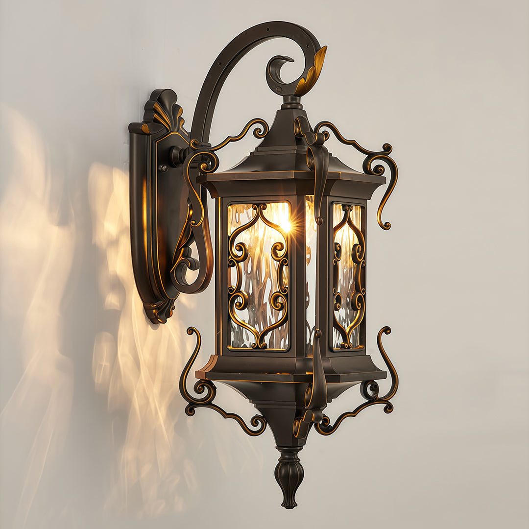 European Outdoor Wall Sconce with Gilded Aluminum Frame and Artisan Glass Shade