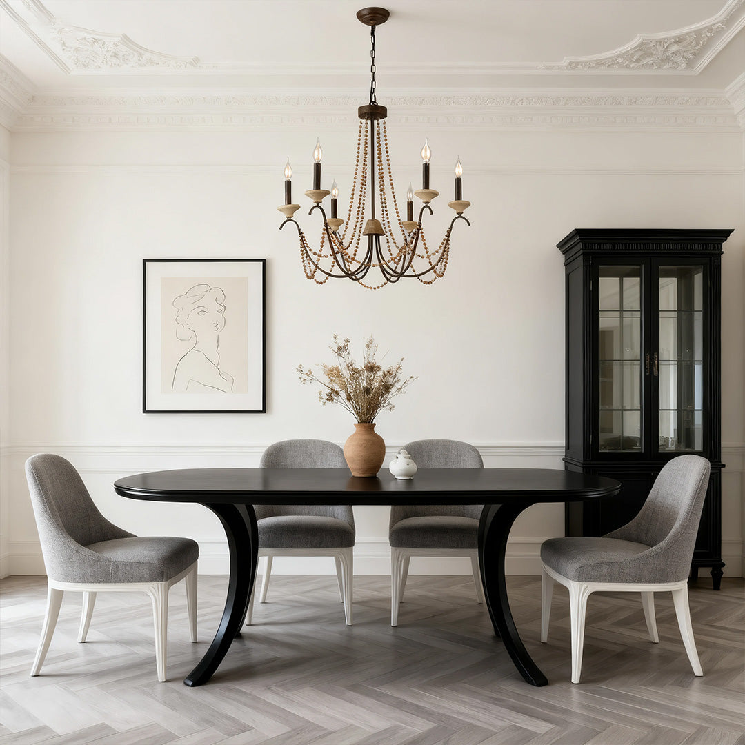 French Pearl Chandelier with Six Candle Sockets in Black Metal