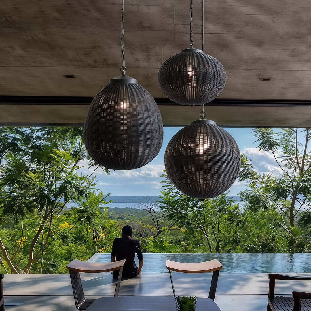 Black Woven Rattan Pendant Light, Waterproof Outdoor Hanging Lamp