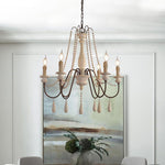 Rustic Farmhouse Wood Bead Chandelier With Teardrops Candle Style Lights