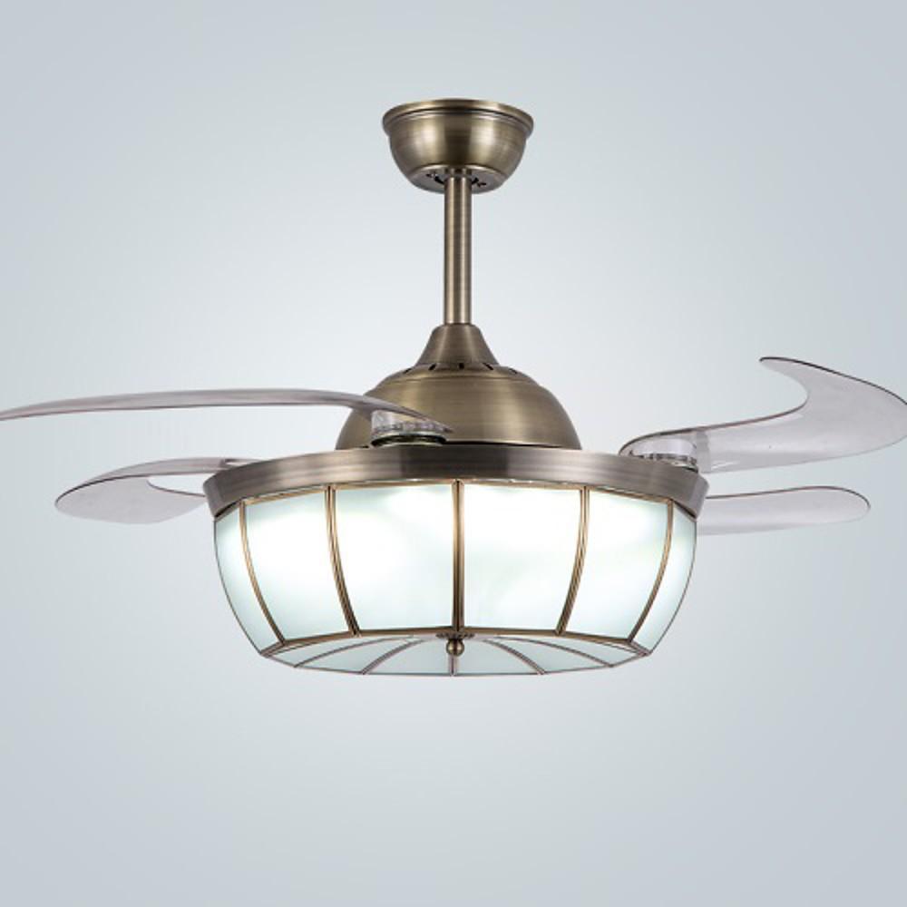 Industrial Retractable Ceiling Fan with Integrated LED Light, 19 Inch, Bronze and Glass