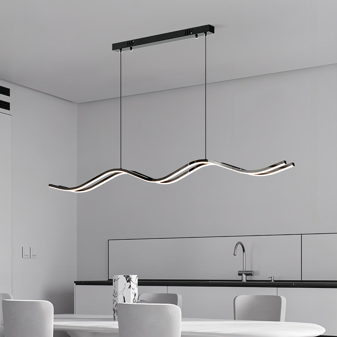 Modern Wavy Black Pendant Light for Kitchen Island, Minimalist LED Linear Suspension