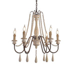 Rustic Farmhouse Wood Bead Chandelier With Teardrops Candle Style Lights