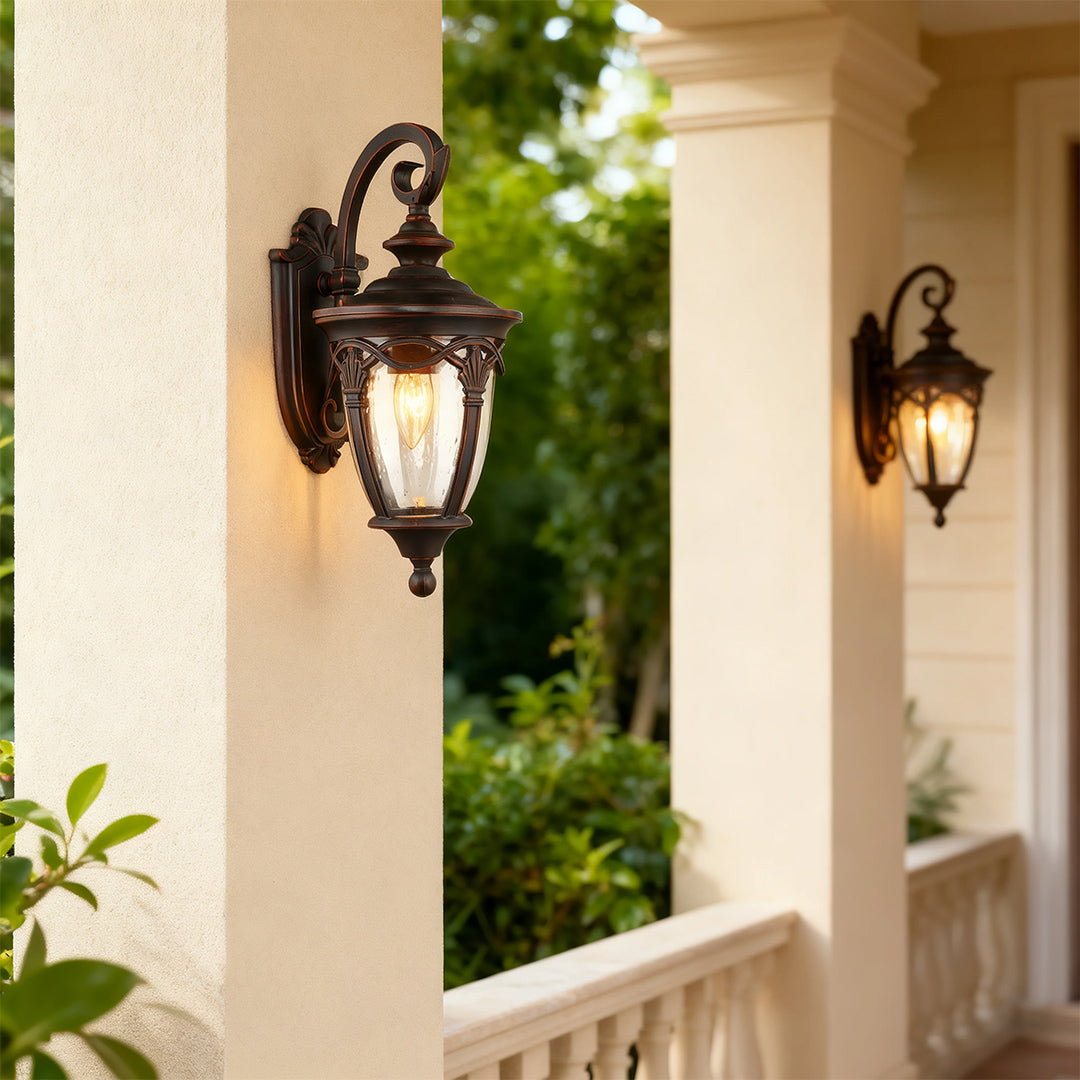 European Outdoor Wall Sconce in Sand-Black Aluminum with Clear Glass Shade