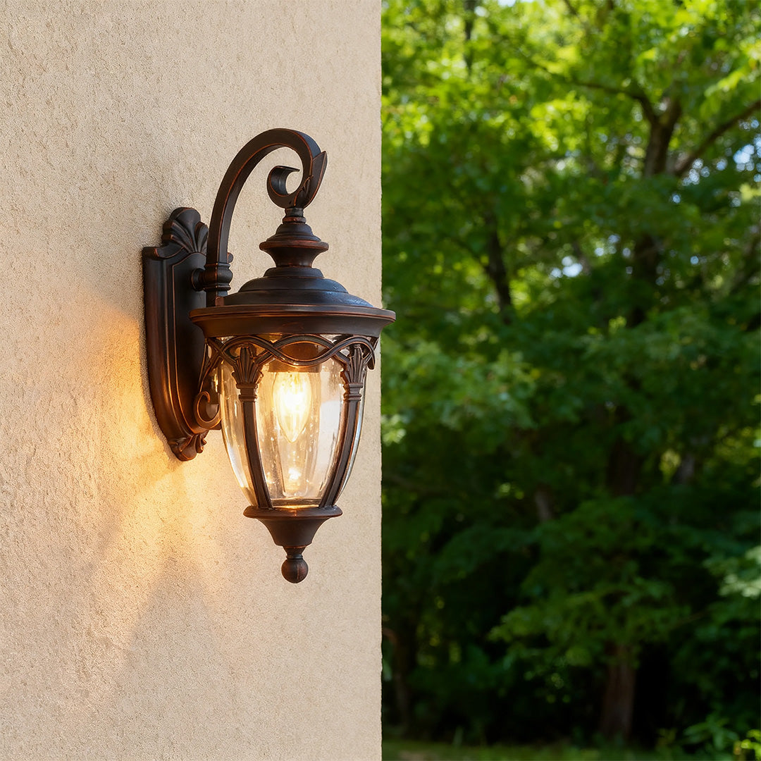 European Outdoor Wall Sconce in Sand-Black Aluminum with Clear Glass Shade
