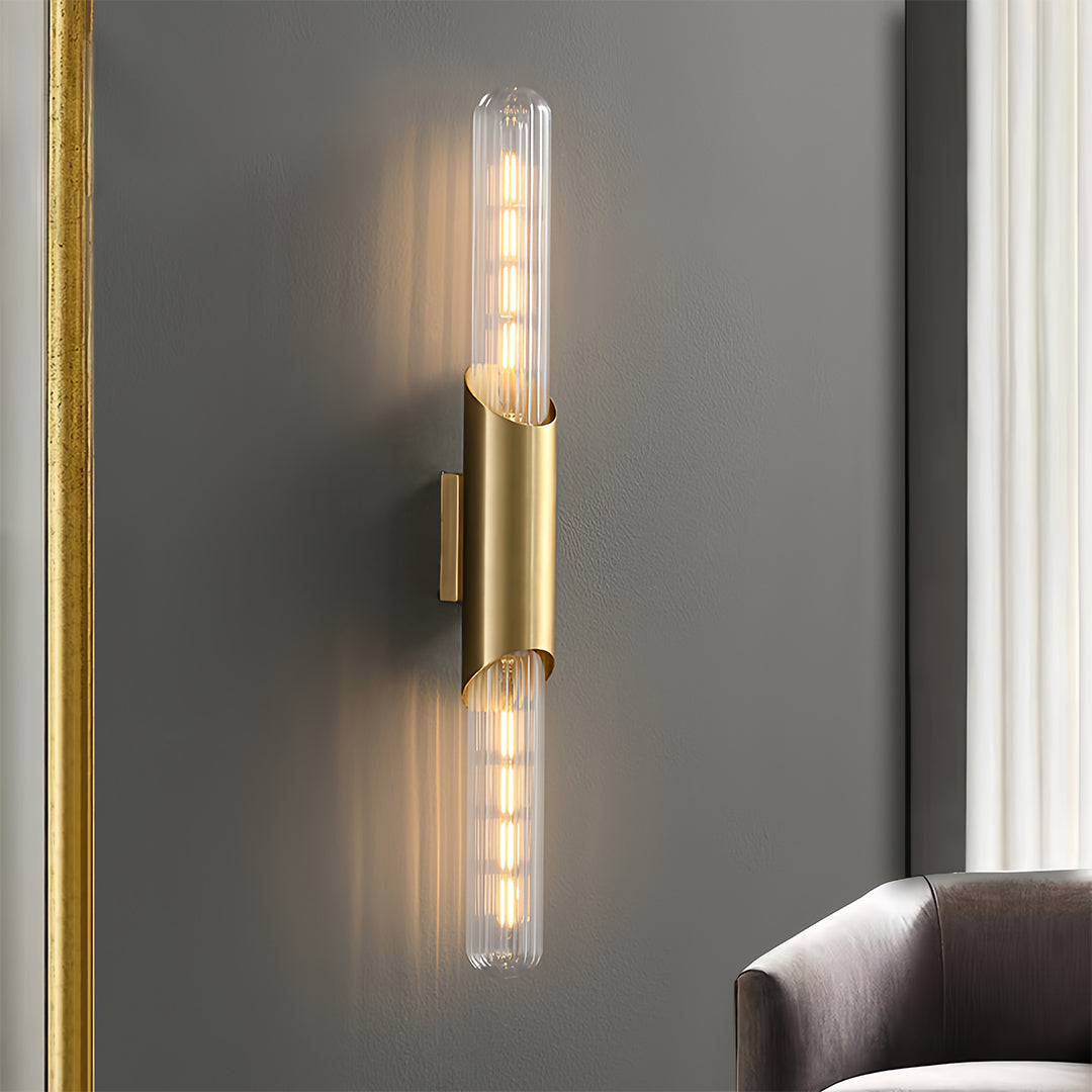 Cylindrical Brass Up Down Wall Light with Clear Glass Shade