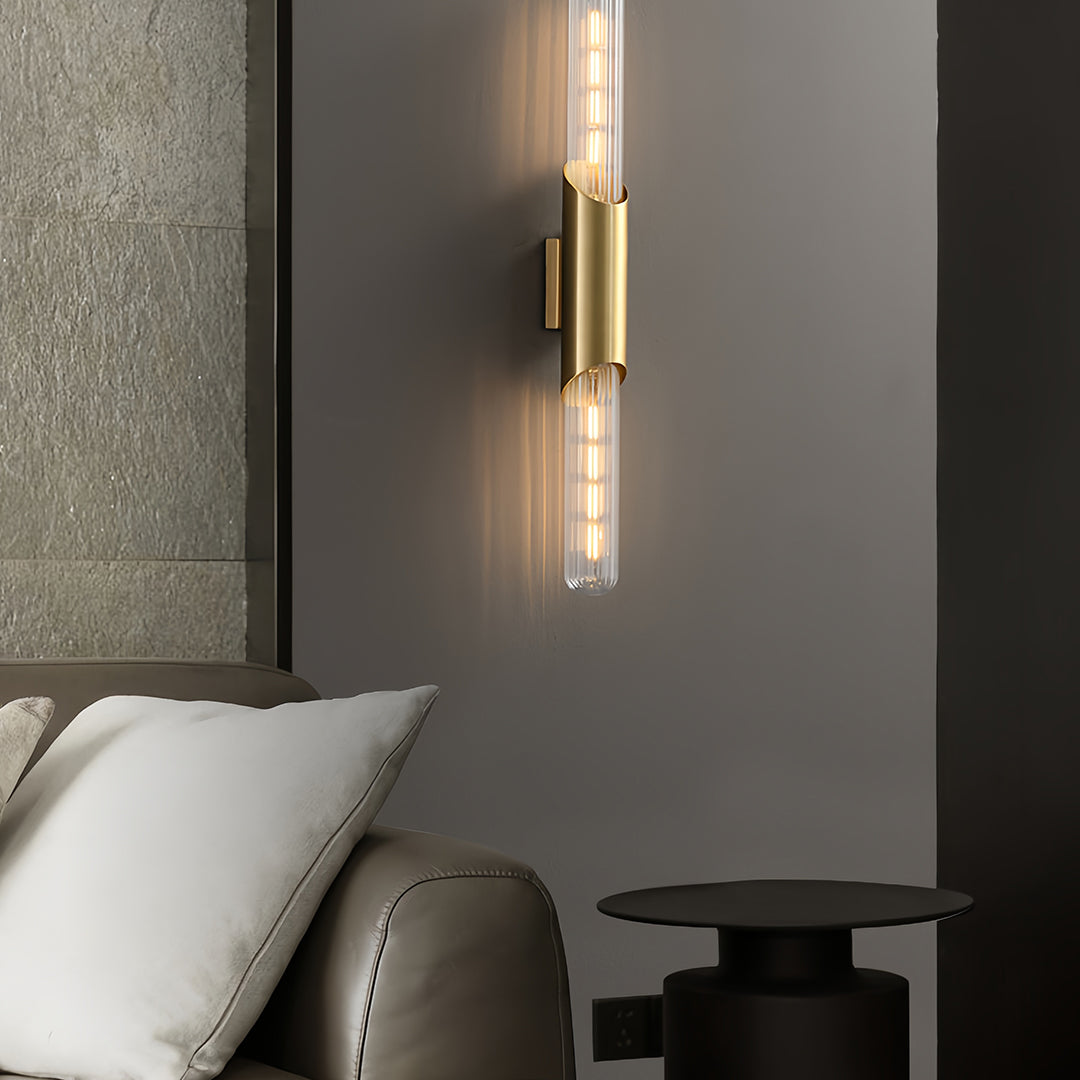 Cylindrical Brass Up Down Wall Light with Clear Glass Shade