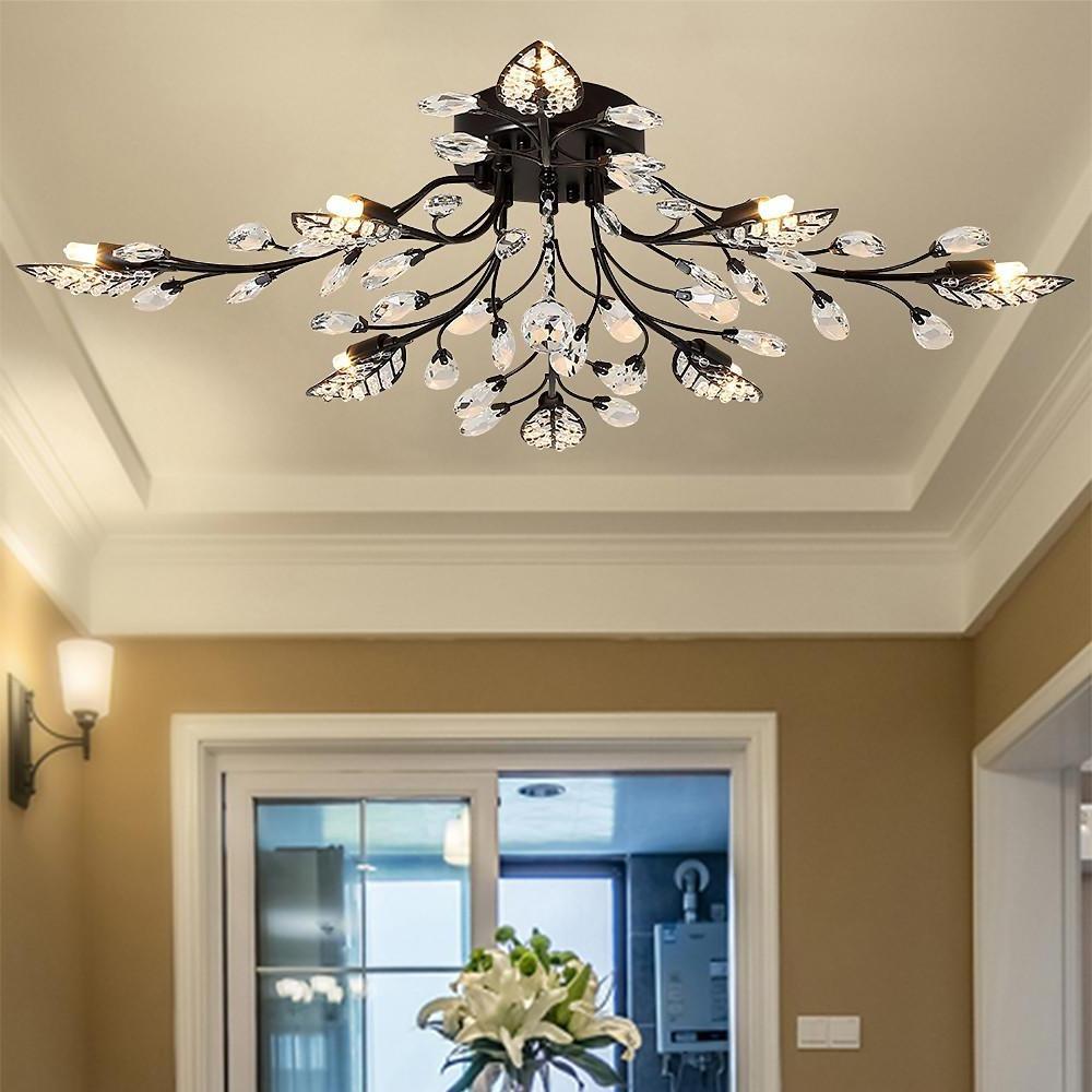 Vintage Crystal Branches Leaf Semi Flush Mount Chandelier 8 Light Led 31 19 Wide Antique Brass