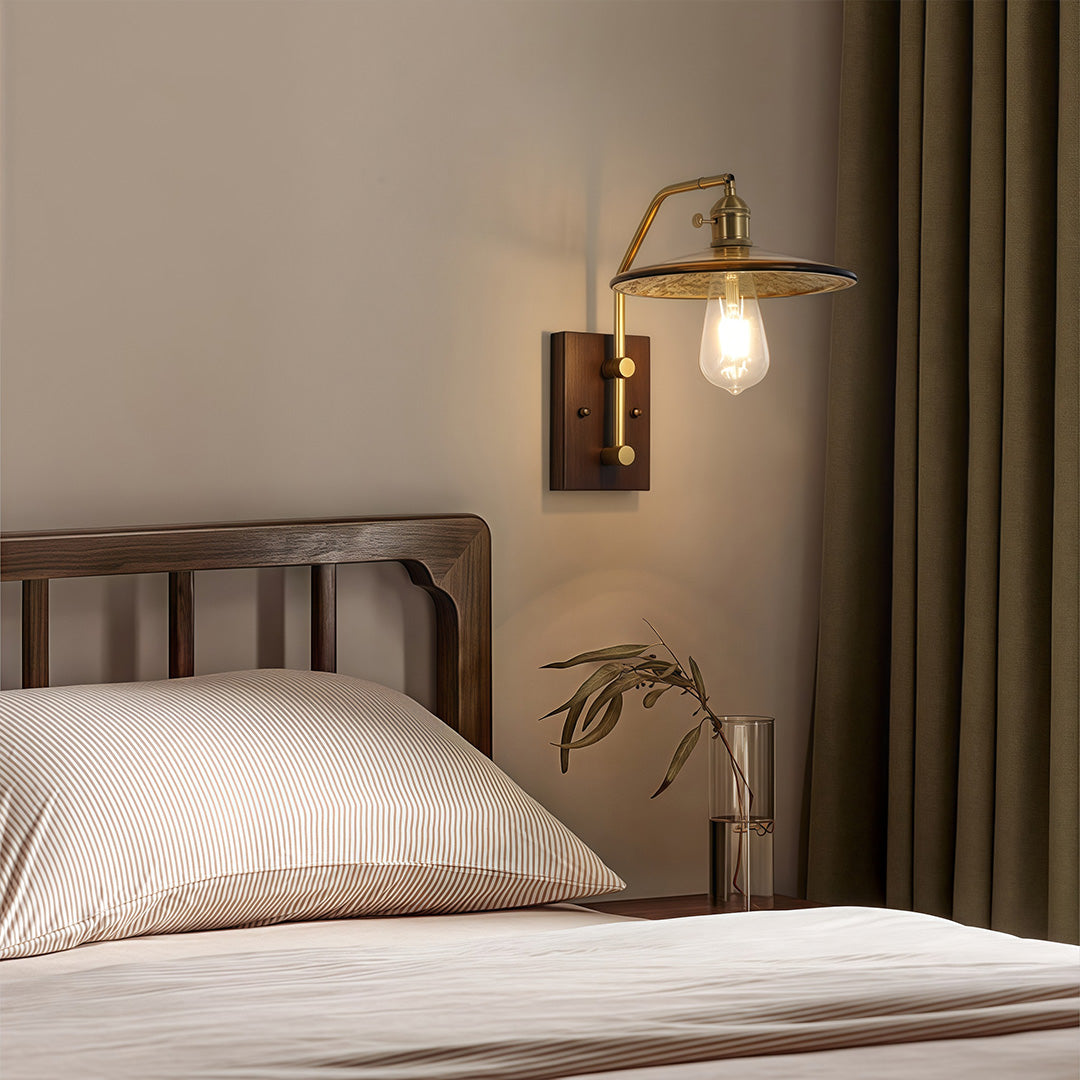 Japanese Retro Wave Glass Wall Sconce with Rubberwood Accent