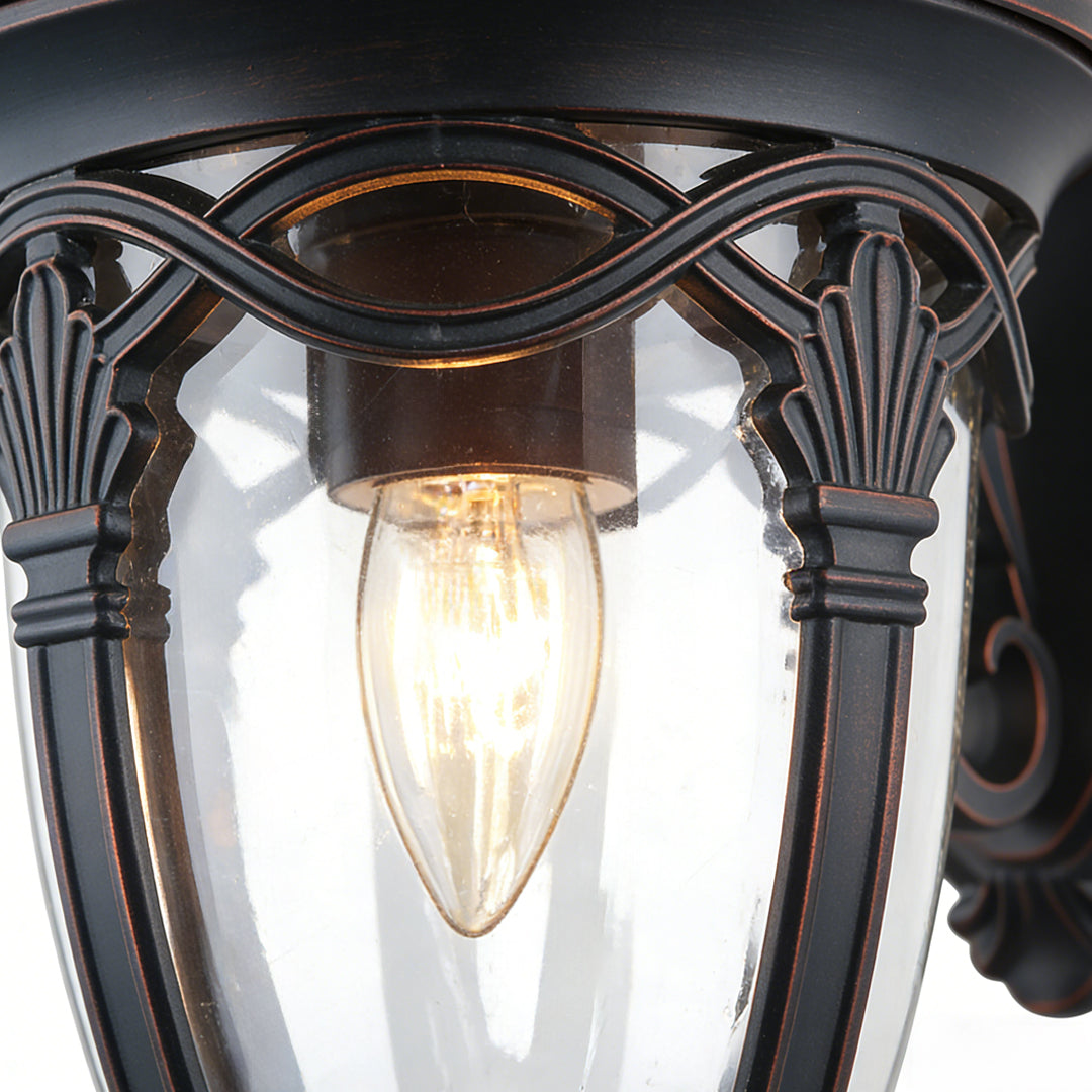 European Outdoor Wall Sconce in Sand-Black Aluminum with Clear Glass Shade