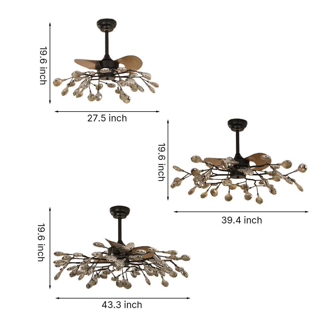 Modern Glam Ceiling Fan with Light, 30/42/56-Light LED, Black Iron & Amber Glass
