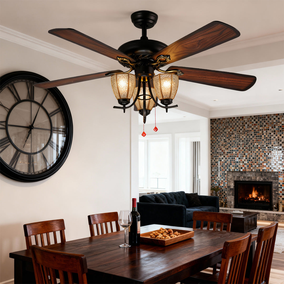 Artisan Wood Grain Ceiling Fan with Integrated Lighting – Vintage Modern Design