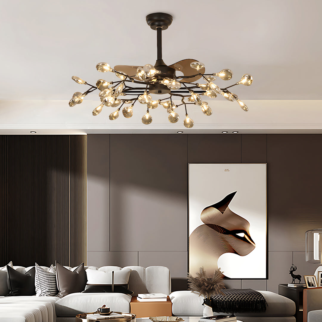 Modern Glam Ceiling Fan with Light, 30/42/56-Light LED, Black Iron & Amber Glass